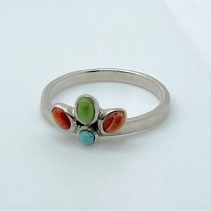 𝅺vtg Sterling Turquoise & Coral Stone Stacker Ring Sz 7.75